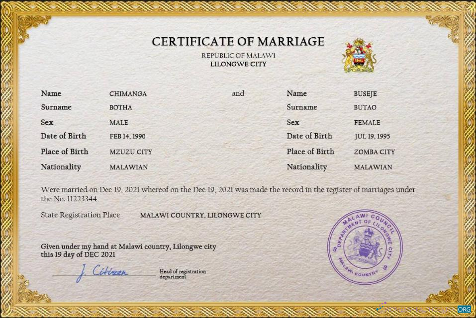 Download Malawi marriage certificate PSD template Photoshop template